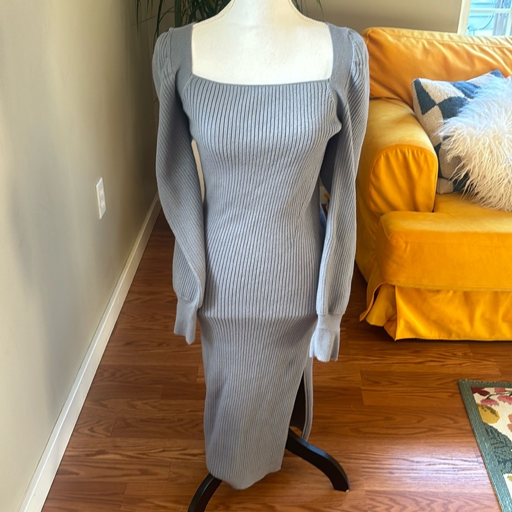 House of Harlow 1960 Dune Blue Knit Ribbed Long Sleeve Square Neck Dress Sz Med